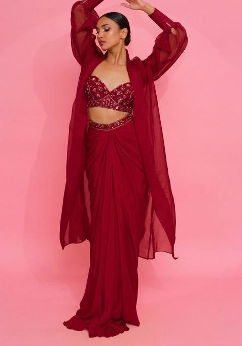 Deep Red Hand Work Embellished Crepe Fusion Set