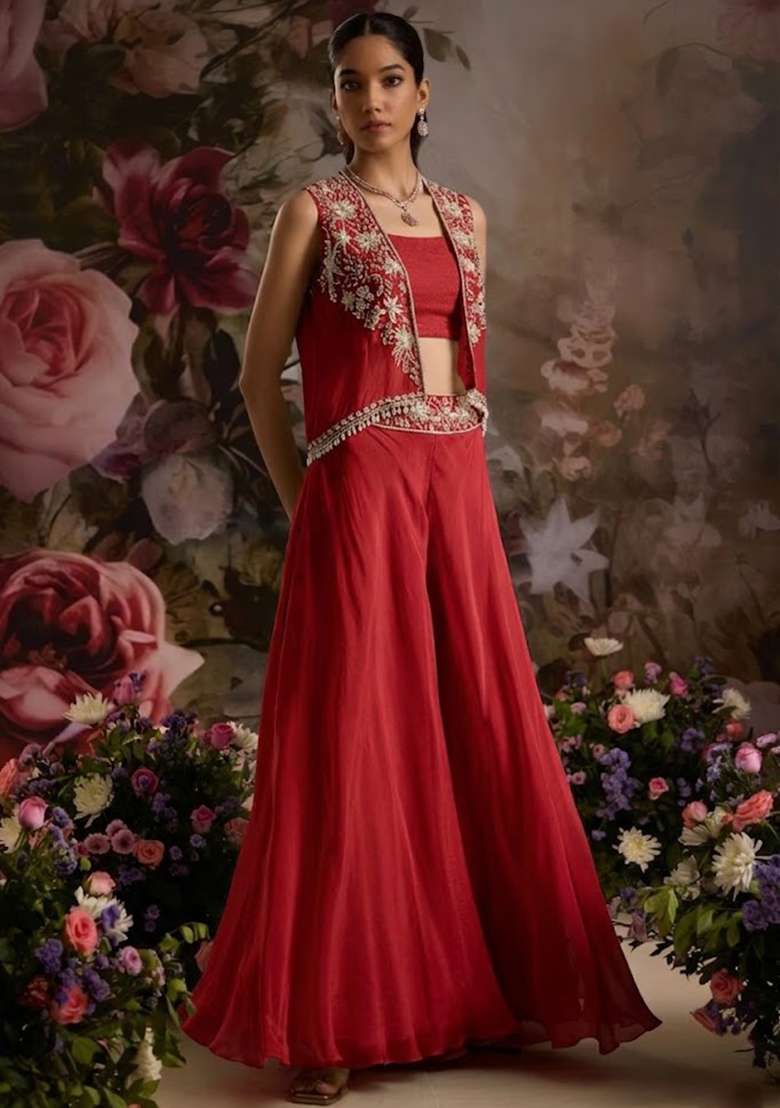 Deep Red Hand Work Embellished Chinon Fusion Set - Indya