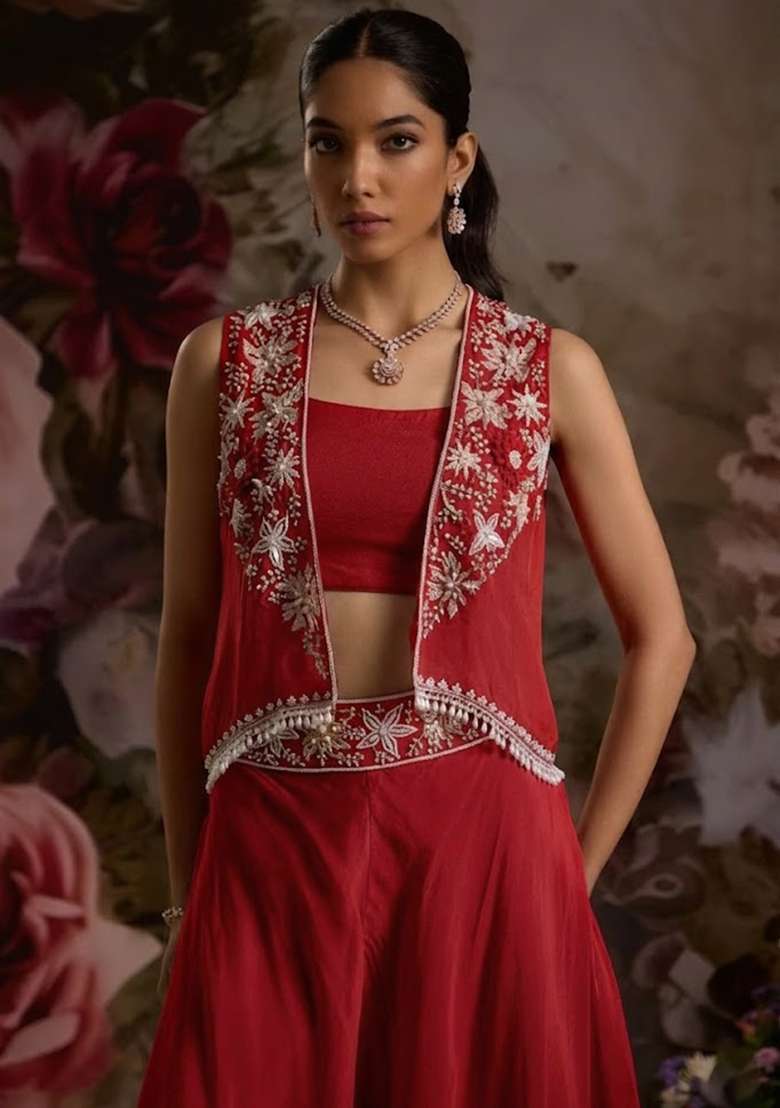 Deep Red Hand Work Embellished Chinon Fusion Set - Indya