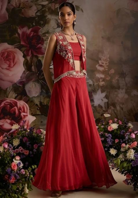 Deep Red Hand Work Embellished Chinon Fusion Set