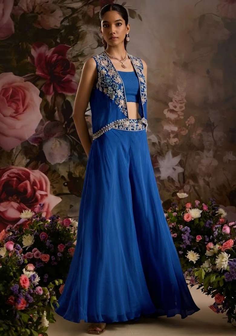 Deep Blue Hand Work Embellished Chinon Fusion Set - Indya