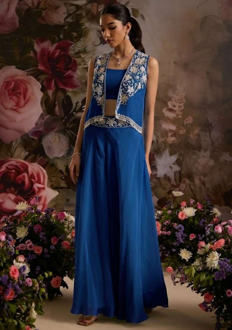 Deep Blue Hand Work Embellished Chinon Fusion Set - Indya