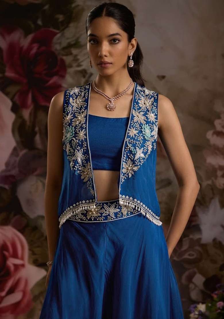 Deep Blue Hand Work Embellished Chinon Fusion Set - Indya