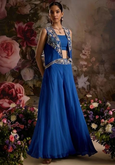Deep Blue Hand Work Embellished Chinon Fusion Set