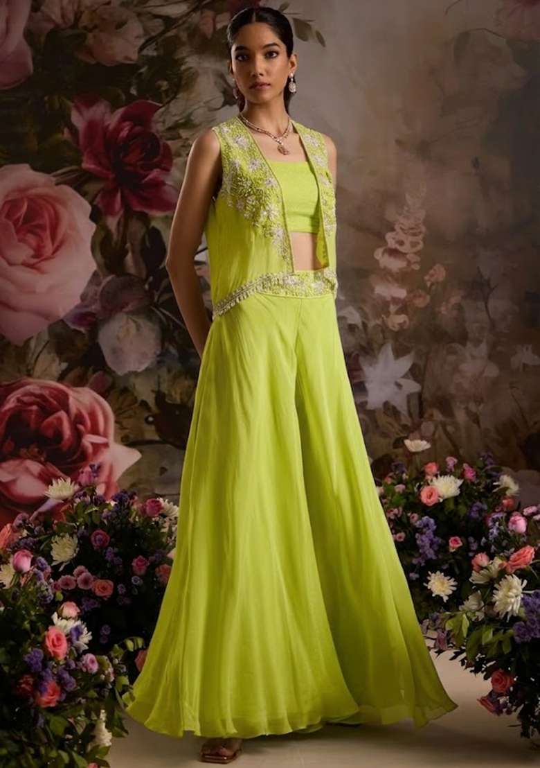 Bright Pink Hand Work Embellished Chinon Fusion Set - Indya