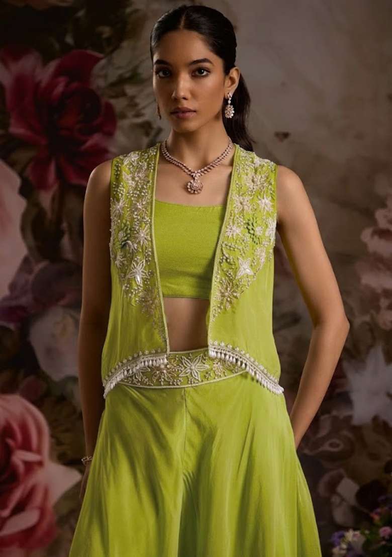 Bright Pink Hand Work Embellished Chinon Fusion Set - Indya