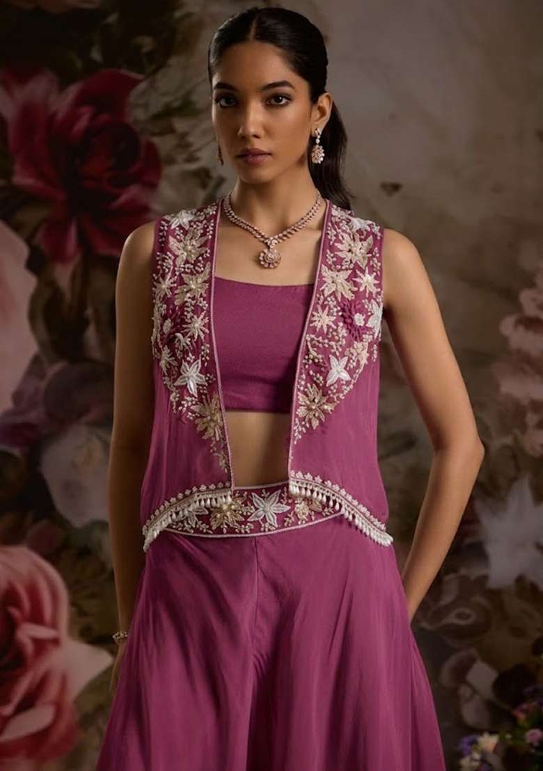 Soft Pink Hand Work Embellished Chinon Fusion Set - Indya