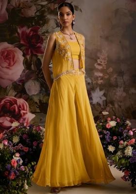 Bright Yellow Hand Work Embellished Chinon Fusion Set