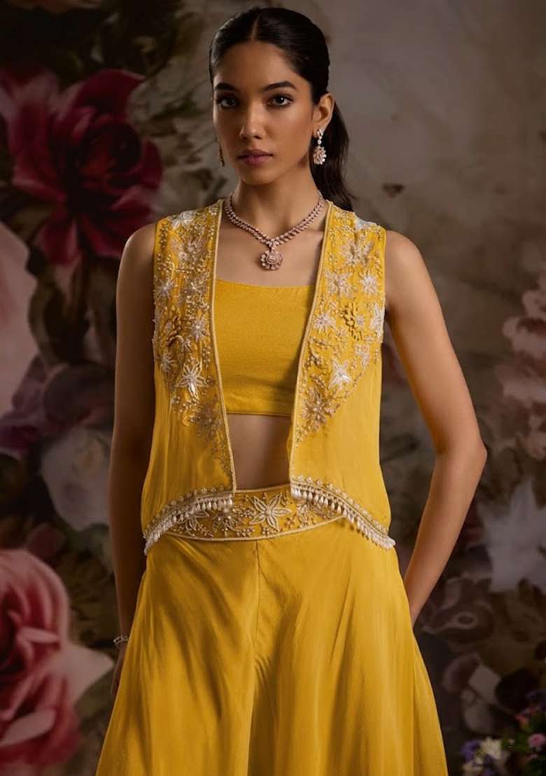 Bright Yellow Hand Work Embellished Chinon Fusion Set - Indya