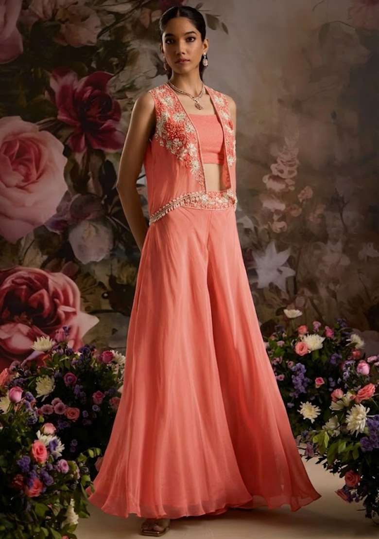 Coral Hand Work Embellished Chinon Fusion Set - Indya