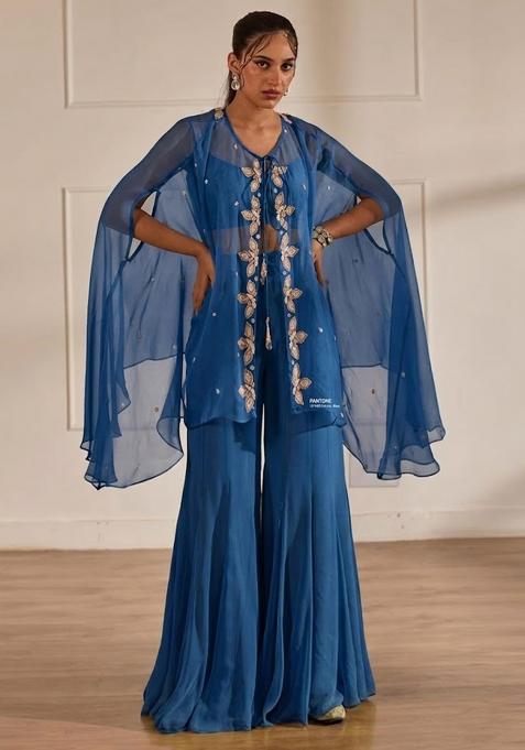 Deep Blue Hand Work Embellished Chinon Sharara Set