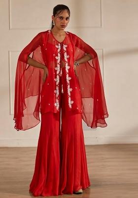 Deep Red Hand Work Embellished Chinon Sharara Set