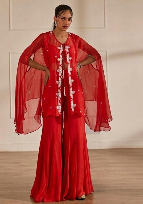 Deep Red Hand Work Embellished Chinon Sharara Set