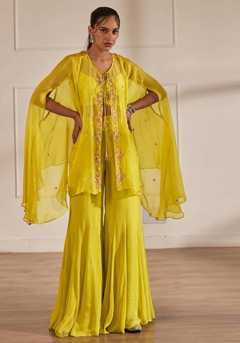 Bright Yellow Hand Work Embellished Chinon Sharara Set