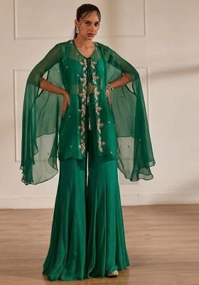 Emerald Green Hand Work Embellished Chinon Sharara Set