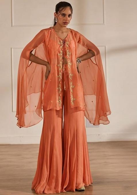 Peach Hand Work Embellished Chinon Sharara Set