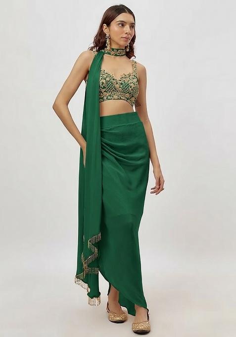 Dark Green Hand Work Embroidered Fusion Set