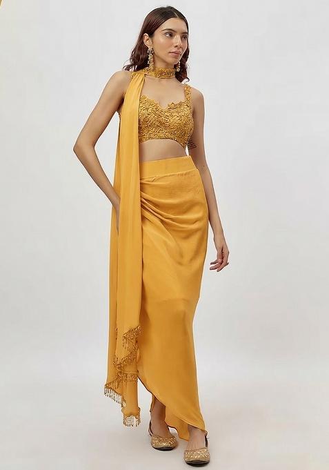 Light Yellow Hand Work Embroidered Fusion Set