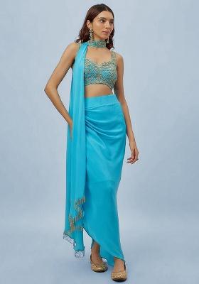 Deep Blue Hand Work Embroidered Fusion Set