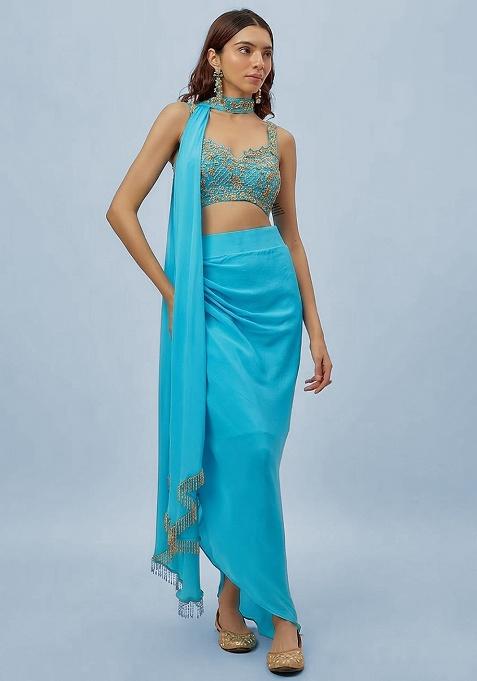 Deep Blue Hand Work Embroidered Fusion Set