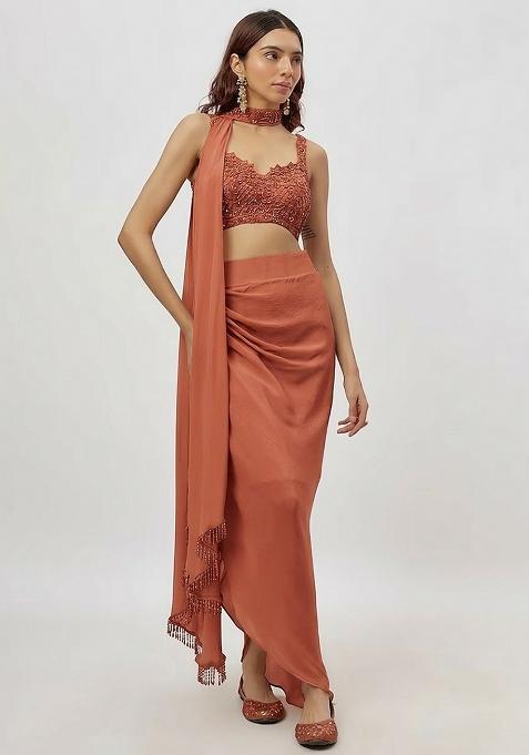 Warm Brown Hand Work Embroidered Fusion Set