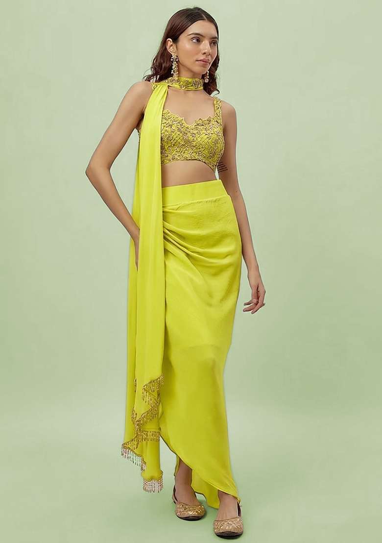 Lime Green Hand Work Embroidered Fusion Set - Indya