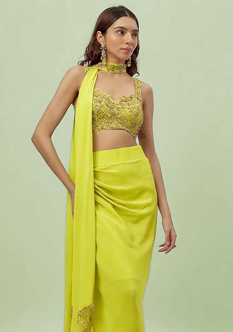 Lime Green Hand Work Embroidered Fusion Set - Indya