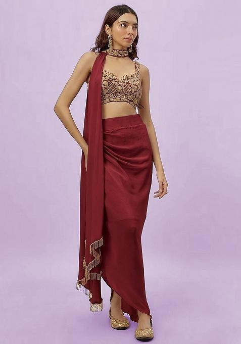 Deep Red Hand Work Embroidered Fusion Set