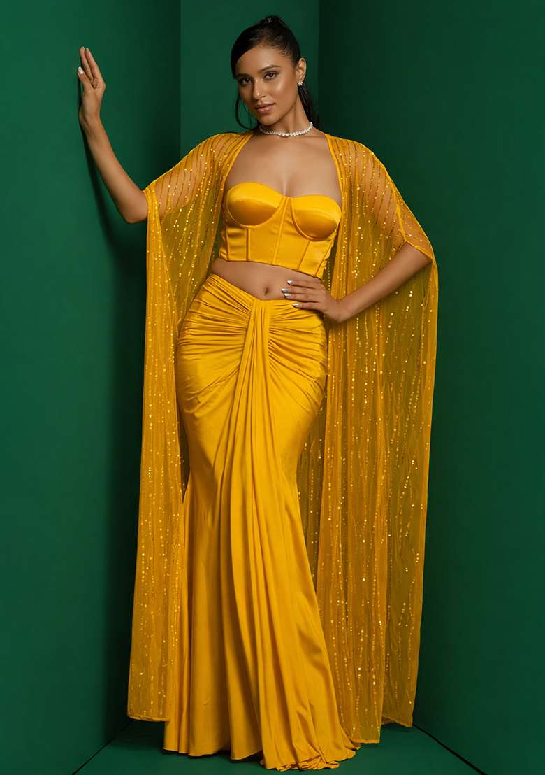 Bright Yellow Hand Work Sequin Fusion Set - Indya
