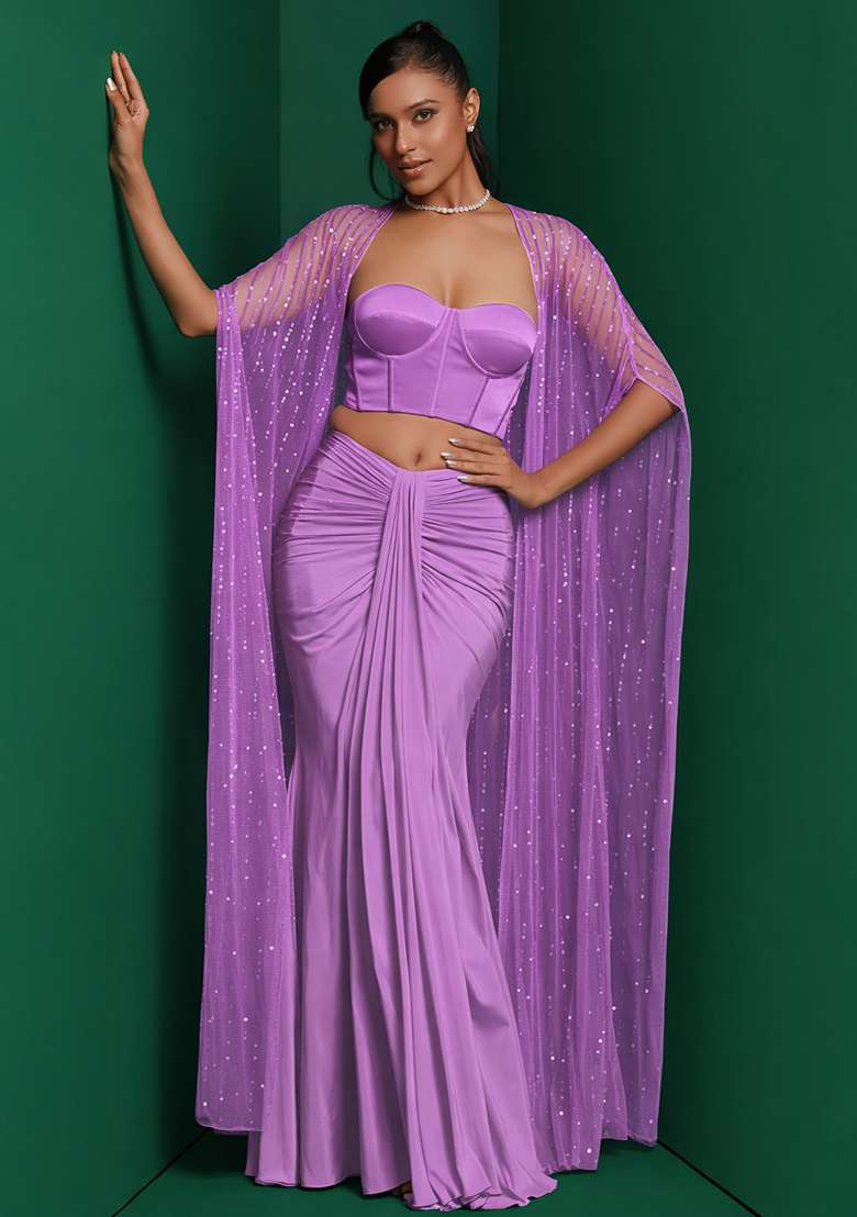 Purple Hand Work Sequin Fusion Set - Indya