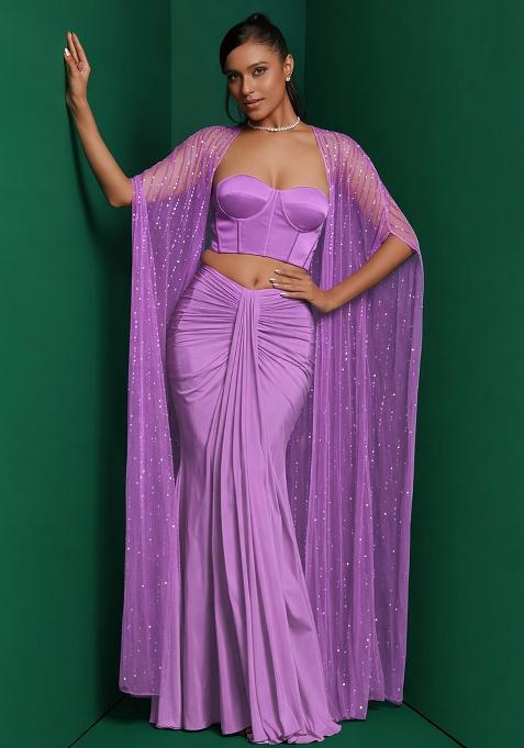 Purple Hand Work Sequin Fusion Set