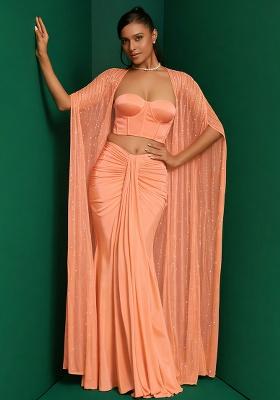 Peach Hand Work Sequin Fusion Set