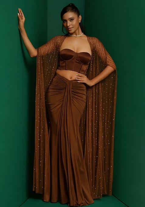 Brown Hand Work Sequin Fusion Set