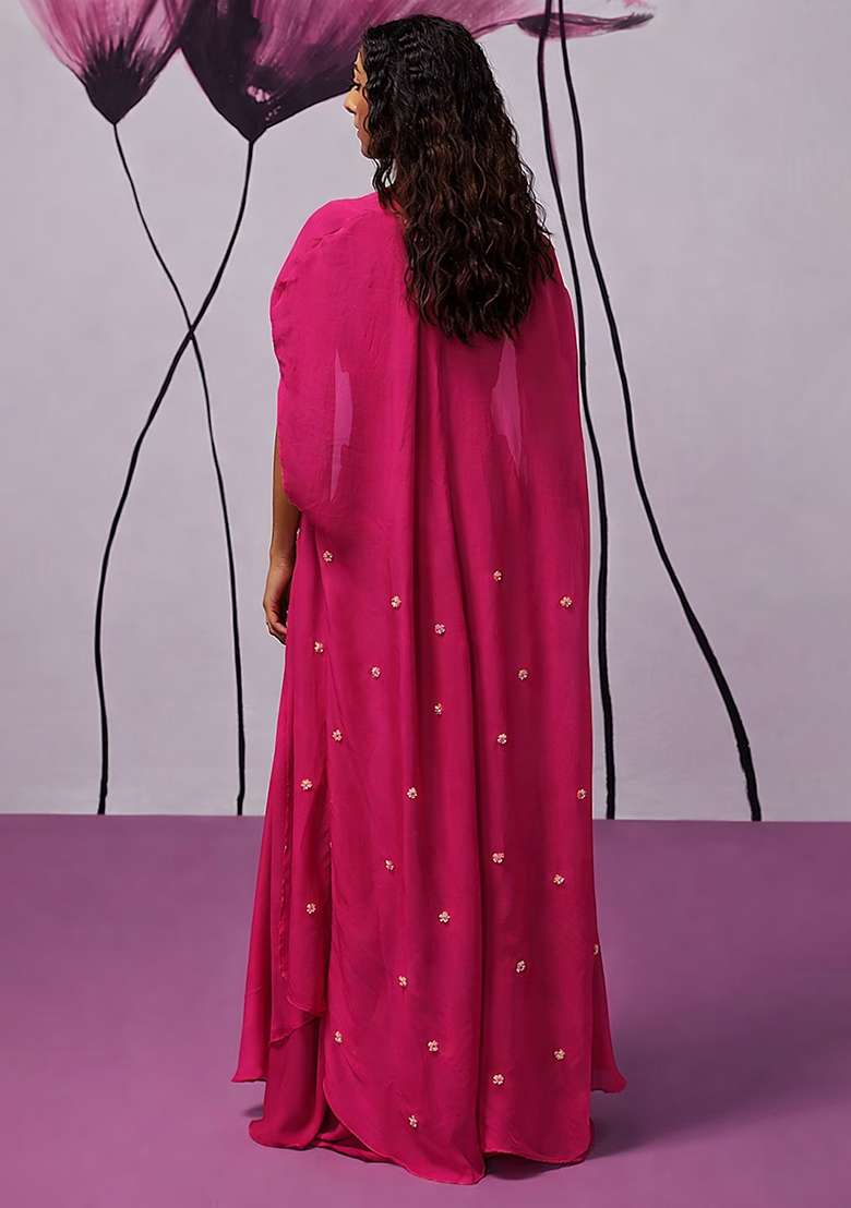 Bright Pink Hand Work Embroidered Fusion Set - Indya