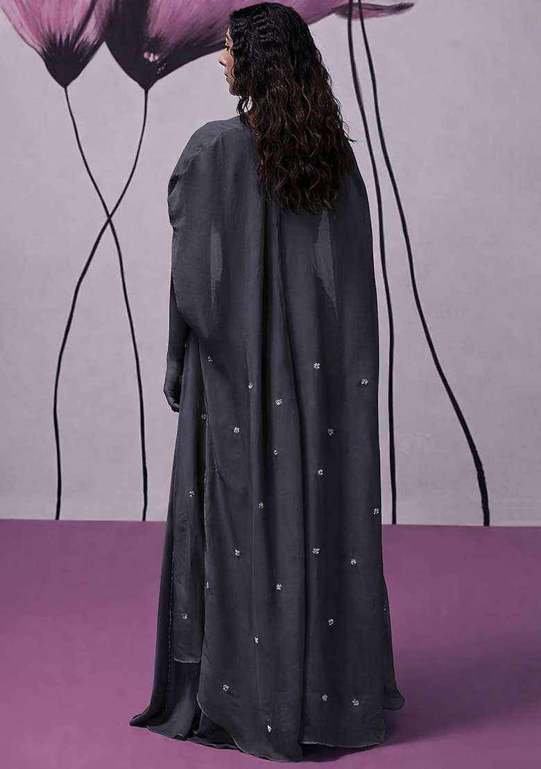 Dark Purple Hand Work Embroidered Fusion Set - Indya