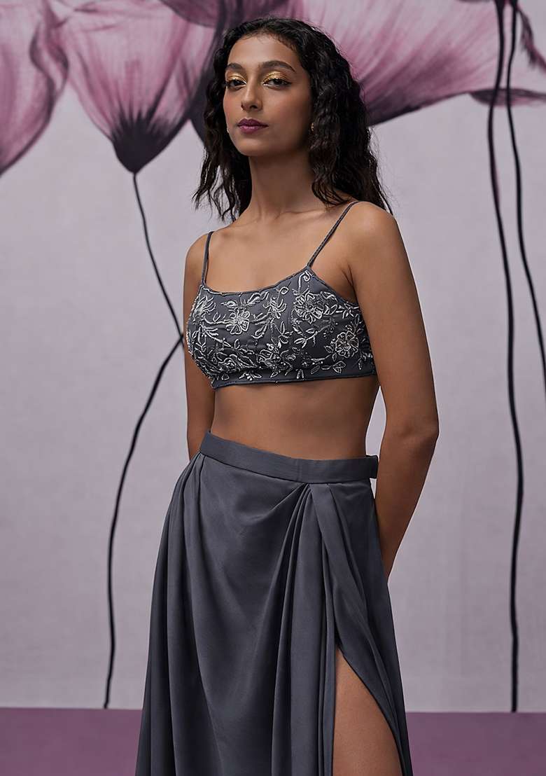 Dark Purple Hand Work Embroidered Fusion Set - Indya
