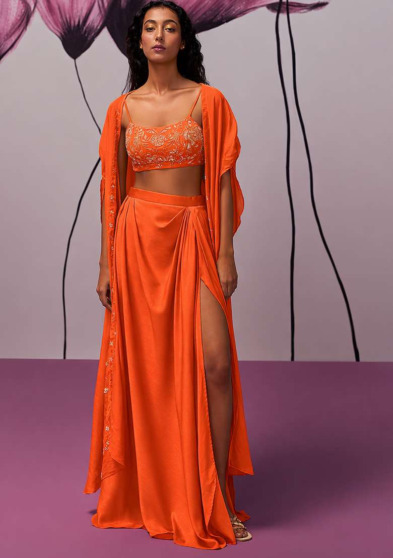 Bright Red Hand Work Embroidered Fusion Set - Indya