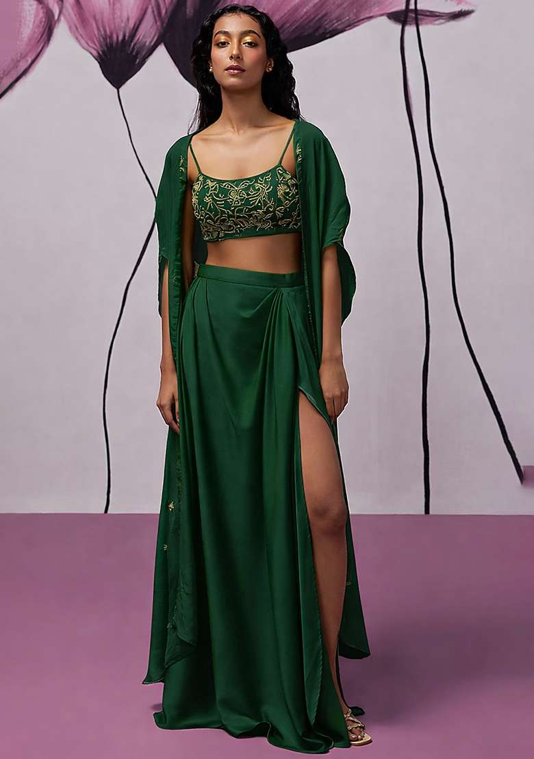 Green Hand Work Embroidered Fusion Set - Indya
