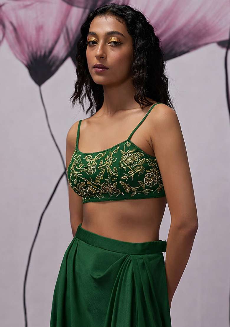 Green Hand Work Embroidered Fusion Set - Indya