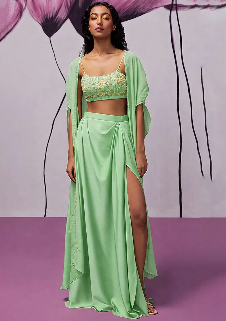 Mint Green Hand Work Embroidered Fusion Set - Indya
