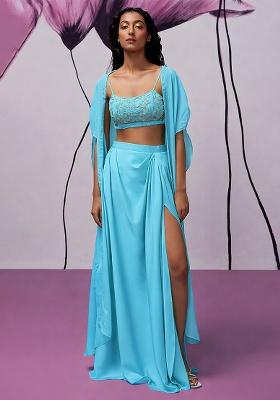 Aqua Blue Hand Work Embroidered Fusion Set