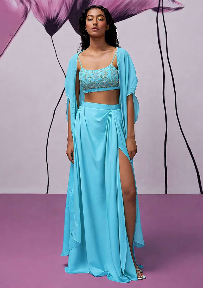 Aqua Blue Hand Work Embroidered Fusion Set - Indya