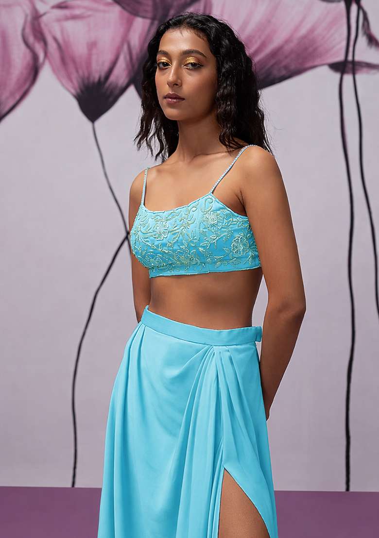 Aqua Blue Hand Work Embroidered Fusion Set - Indya