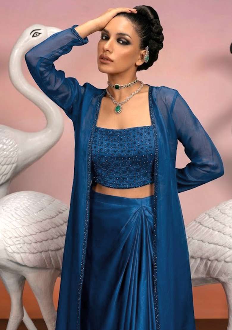 Blue Embellished Fusion Set with Hand Work for Diwali | Wedding & Festive Wear - Indya
