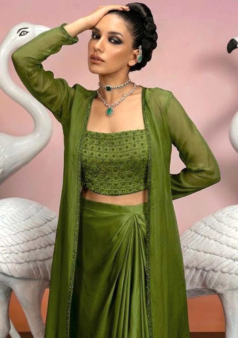 Green Embellished Fusion Set with Hand Work for Diwali | Wedding & Festive Wear - Indya