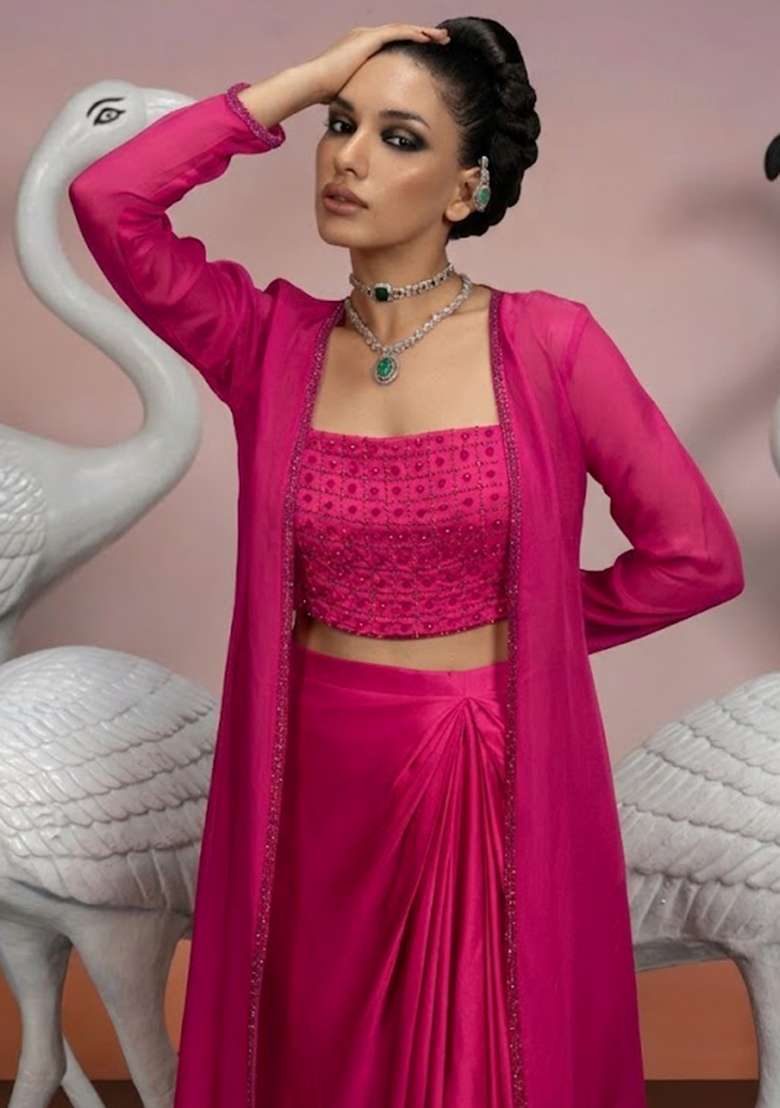 Pink Embellished Fusion Set with Hand Work for Diwali | Wedding & Festive Wear - Indya