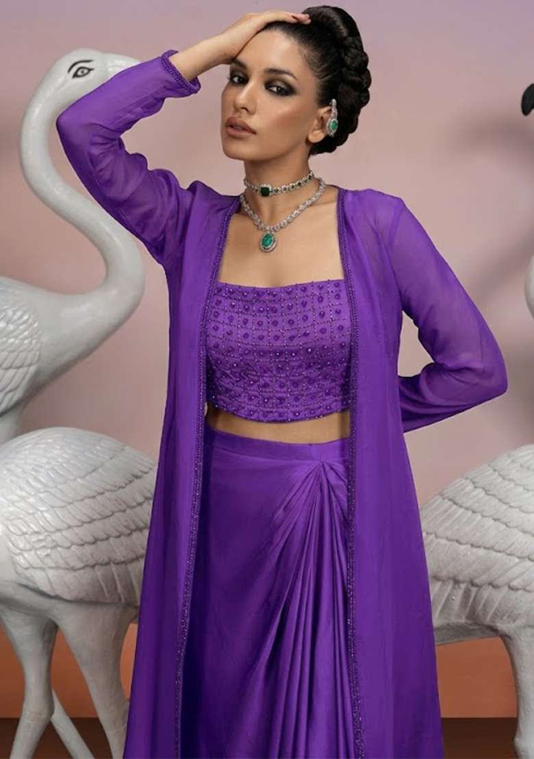 Purple Embellished Fusion Set with Hand Work for Diwali | Wedding & Festive Wear - Indya