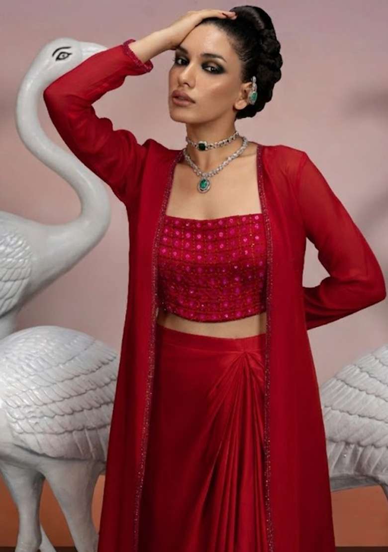 Red Embellished Fusion Set with Hand Work for Diwali | Wedding & Festive Wear - Indya