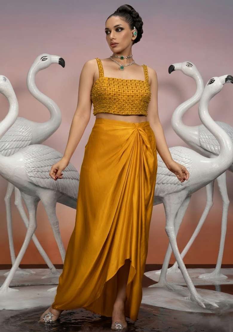 Yellow Embellished Fusion Set with Hand Work for Diwali | Wedding & Festive Wear - Indya