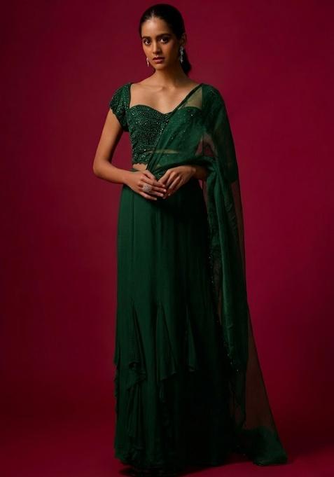 Green Hand Work Embellished Fusion Set